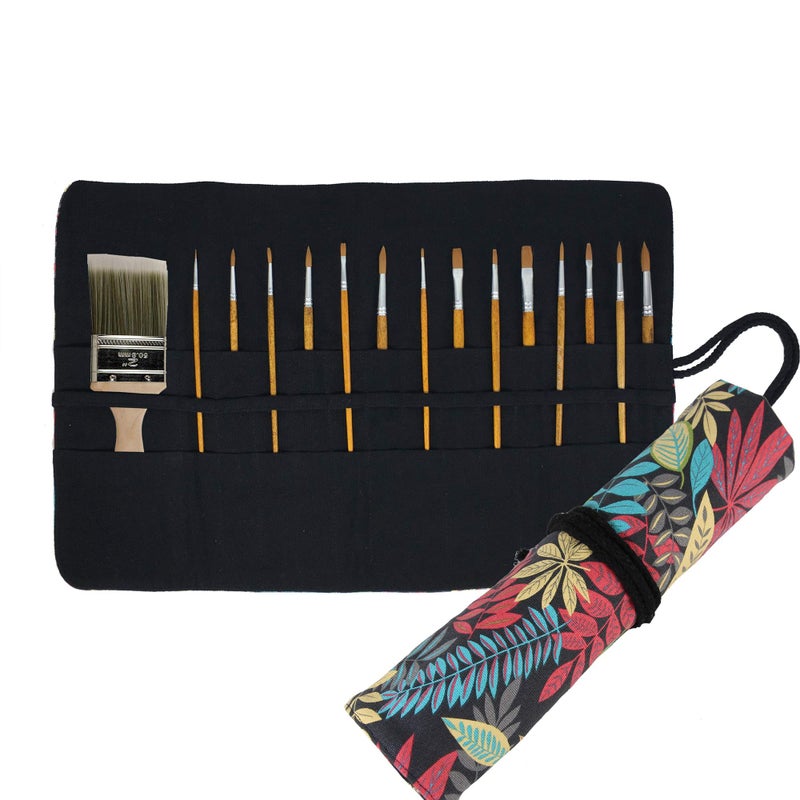 A AIFAMY 30 Pockets Artist Paint Brush Roll Up Bag Holder Canvas Pouch Case (Colorful Leaf) - Image 1